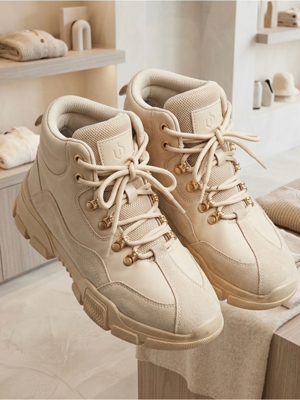 Women’s Chunky Lace-Up Hiking Sneakers in Beige